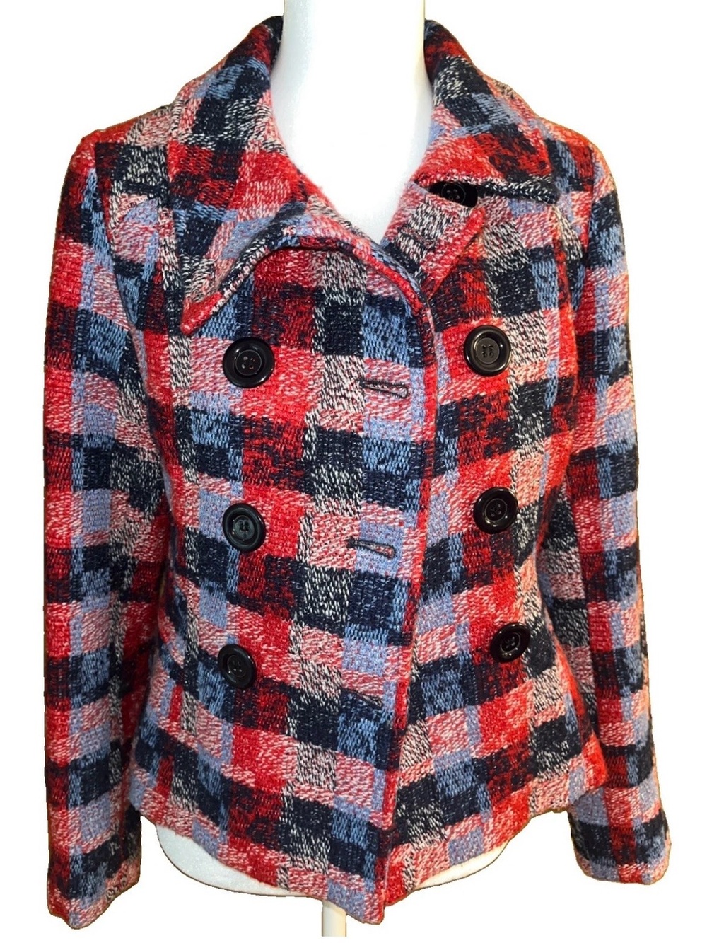 Sz S Forever 21 Red White & Blue Classic Plaid Pea Coat